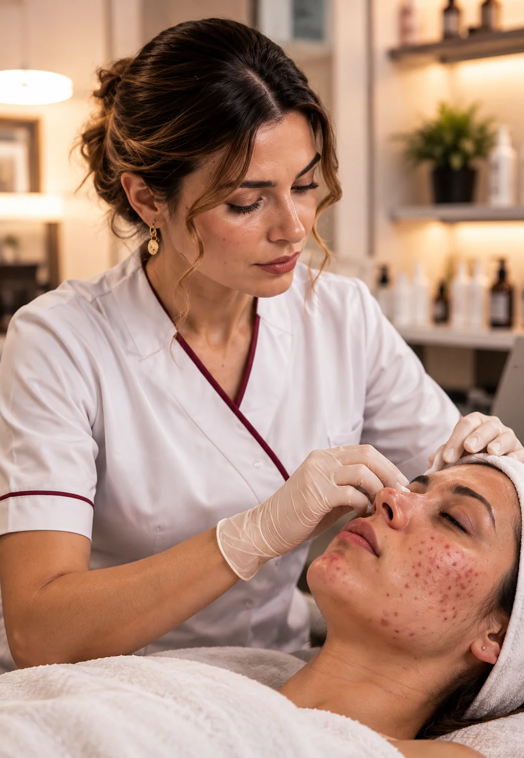 Profesional de estética evaluando la piel de una paciente con acné