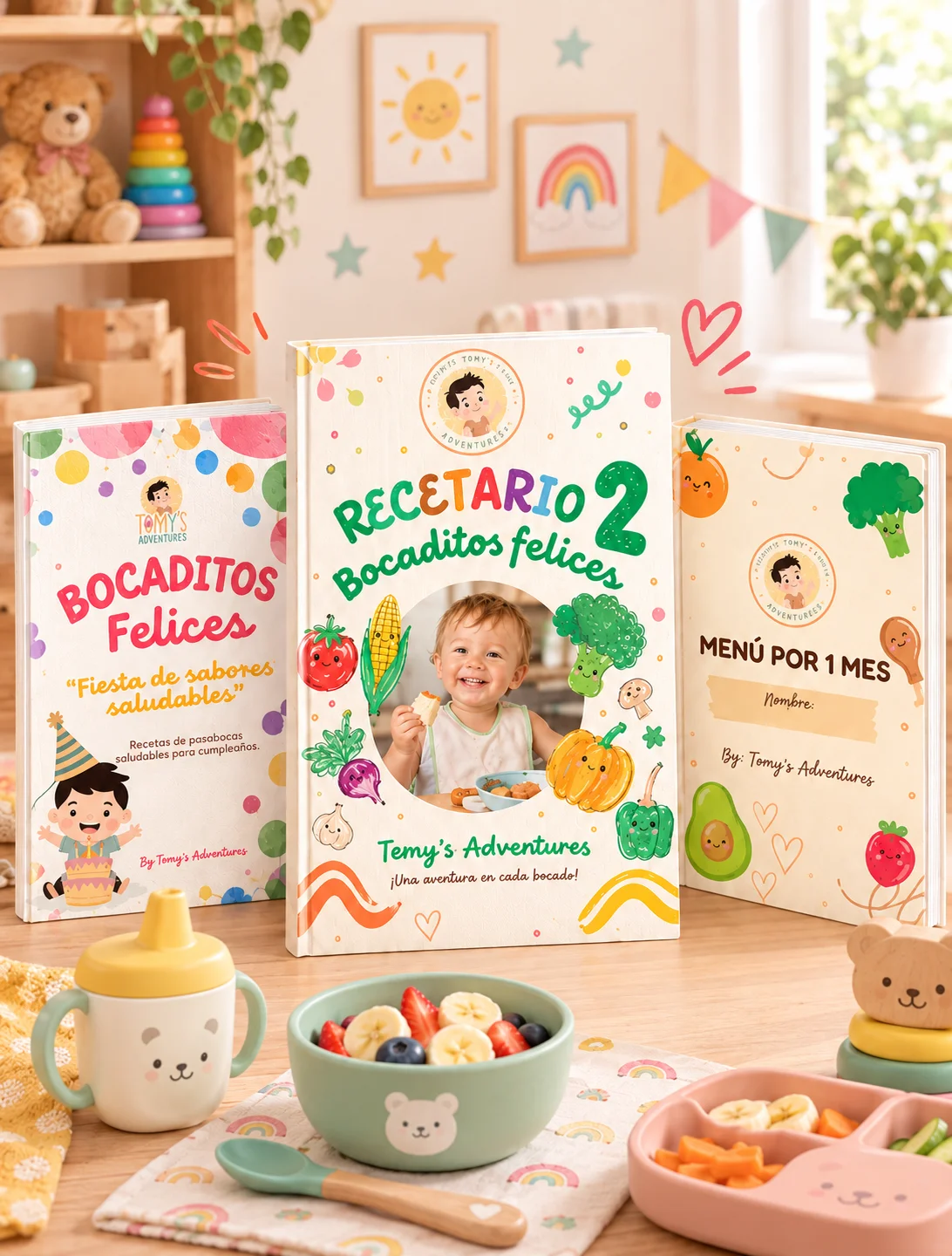 Recetario Bocaditos Felices 2 junto a sus dos bonos: Menú por 1 mes y Fiesta de sabores saludables.