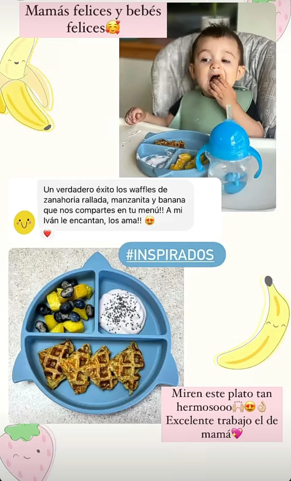 Conversación de WhatsApp con fotos de waffles y un plato inspirado en las recetas del recetario.