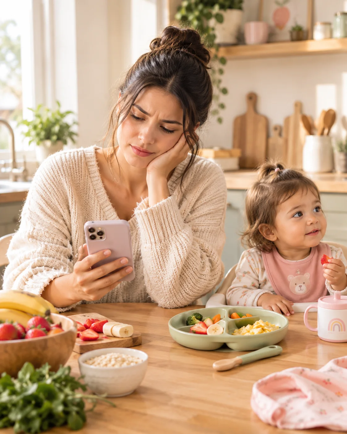 Mamá mirando su celular en una cocina cálida mientras su pequeña come a su lado.