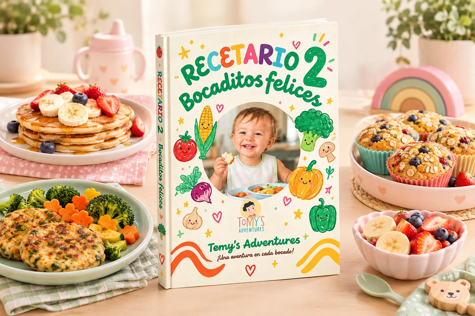 Recetario Bocaditos Felices 2 de Tomy's Adventures rodeado de pancakes con frutas, muffins y preparaciones infantiles con vegetales.