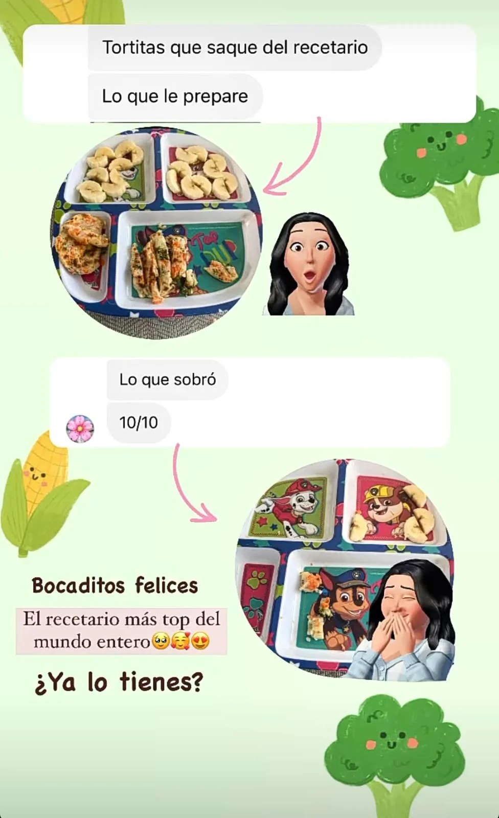 Conversación de WhatsApp con fotos de tortitas del recetario servidas en el plato de un peque.