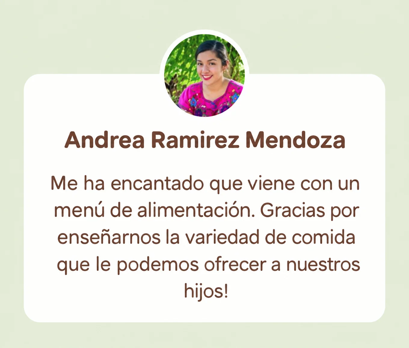 Testimonio de Andrea Ramírez Mendoza sobre el menú de alimentación del recetario.